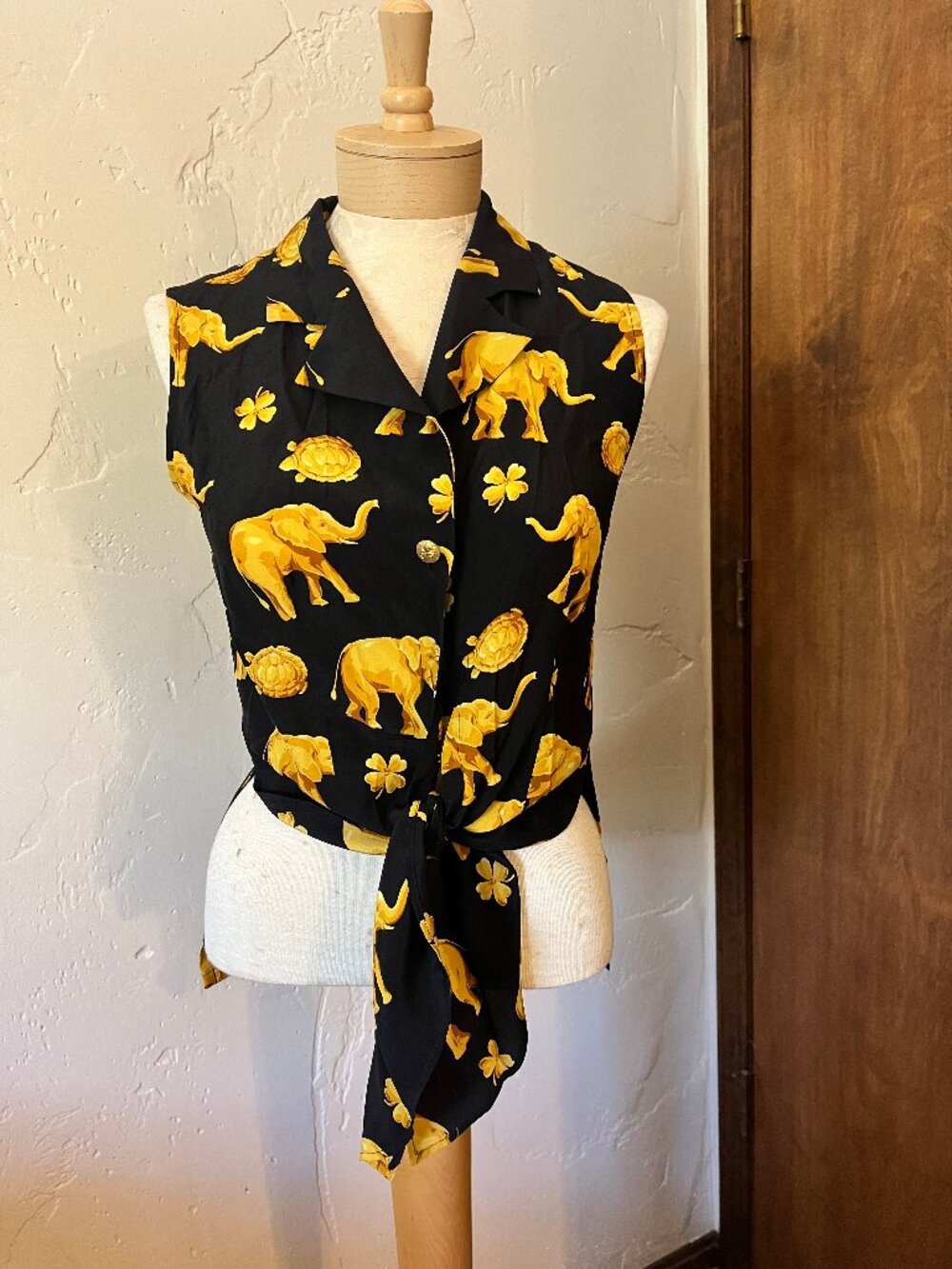 Escada by Margaretha Ley 100% Silk Elephant Print Tie Front Blouse, Size 34 (XS)